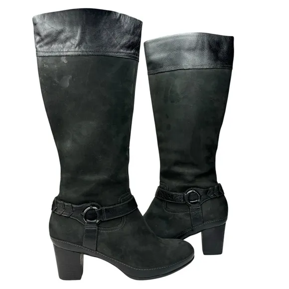 Clark’s Artisan Black Leather Heeled Knee Boots Size 10 Moto-Western Style Vibe