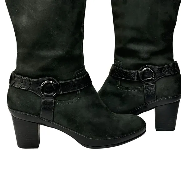 Clark’s Artisan Black Leather Heeled Knee Boots Size 10 Moto-Western Style Vibe