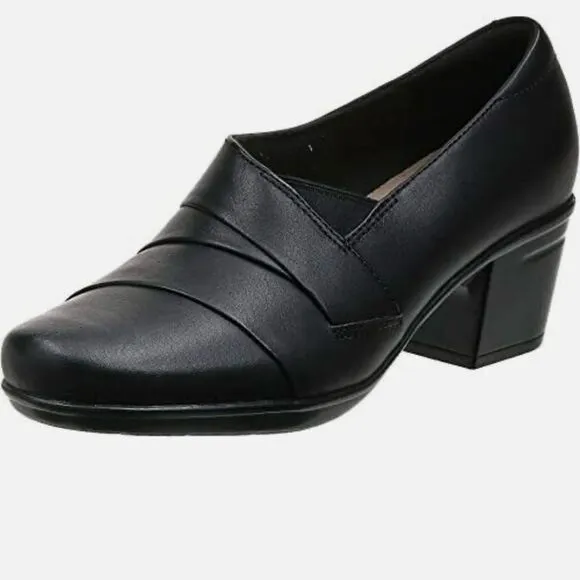 Clarks Emslie Warbler Black Leather Slip On Heeled Shoe -- 9.5M