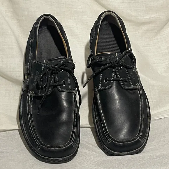 Clarks Waterloo Men 12 Leather Boat Shoe Black Lace Up Comfort Slip On Loafer