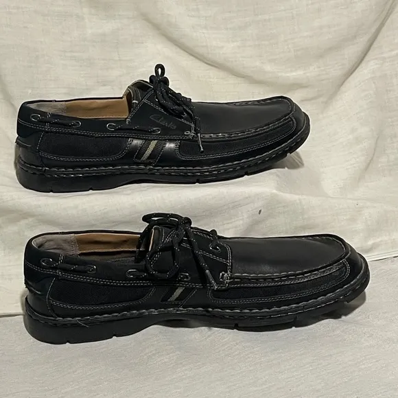 Clarks Waterloo Men 12 Leather Boat Shoe Black Lace Up Comfort Slip On Loafer