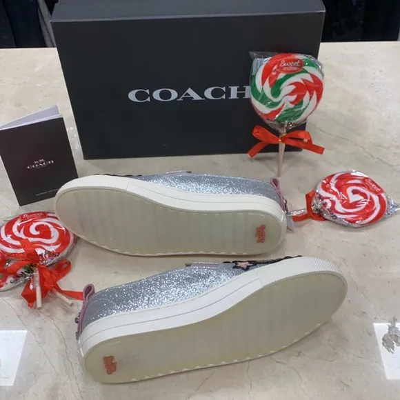 COACH 1941 LEATHER CHERRY GLITTER SILVER PATCHWORK BEADS SLIP-ON SNEAKERS SIZE 8