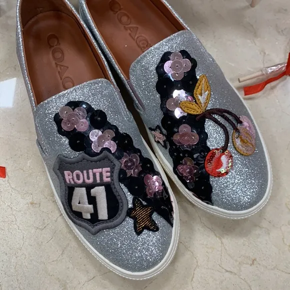 COACH 1941 LEATHER CHERRY GLITTER SILVER PATCHWORK BEADS SLIP-ON SNEAKERS SIZE 8