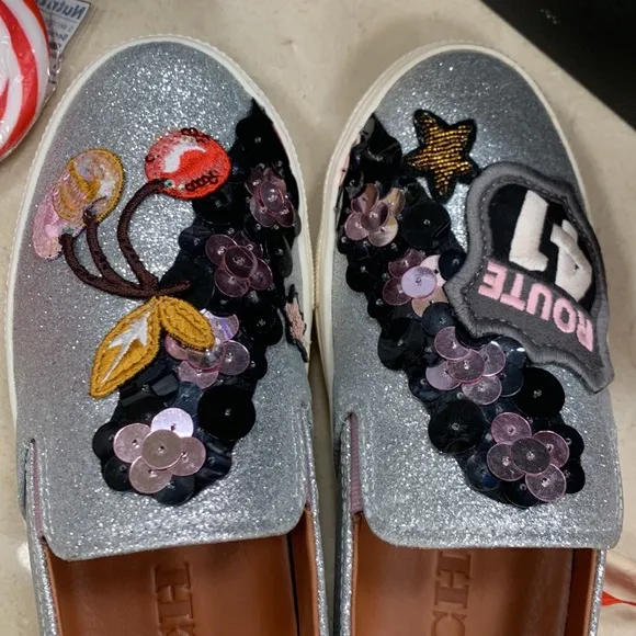 COACH 1941 LEATHER CHERRY GLITTER SILVER PATCHWORK BEADS SLIP-ON SNEAKERS SIZE 8