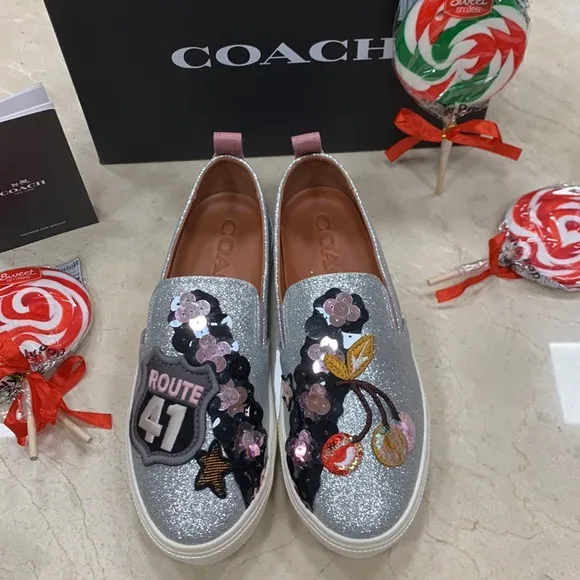 COACH 1941 LEATHER CHERRY GLITTER SILVER PATCHWORK BEADS SLIP-ON SNEAKERS SIZE 8