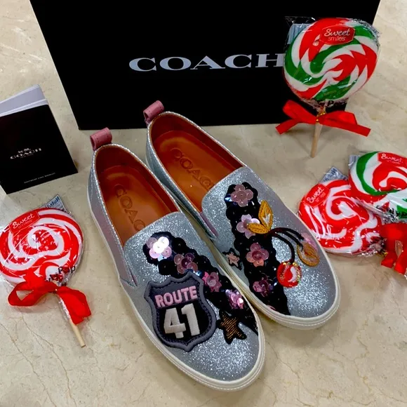 COACH 1941 LEATHER CHERRY GLITTER SILVER PATCHWORK BEADS SLIP-ON SNEAKERS SIZE 8