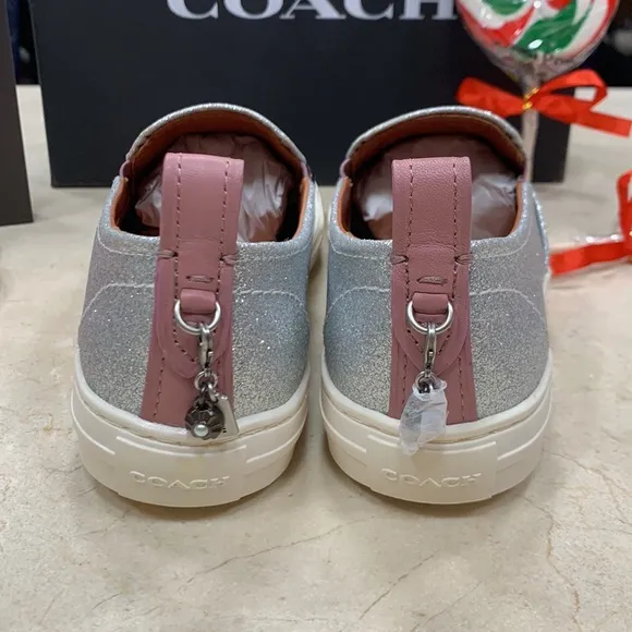 COACH 1941 LEATHER CHERRY GLITTER SILVER PATCHWORK BEADS SLIP-ON SNEAKERS SIZE 8