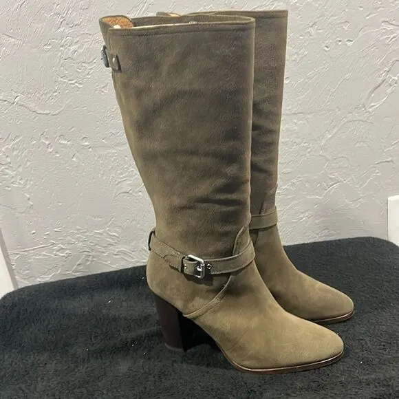 🔥 COACH Beverly Boots Mid Calf Suede Leather 3” Heel Olive Green Sz 8.5B - EUC