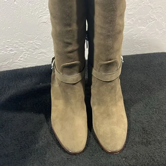 🔥 COACH Beverly Boots Mid Calf Suede Leather 3” Heel Olive Green Sz 8.5B - EUC