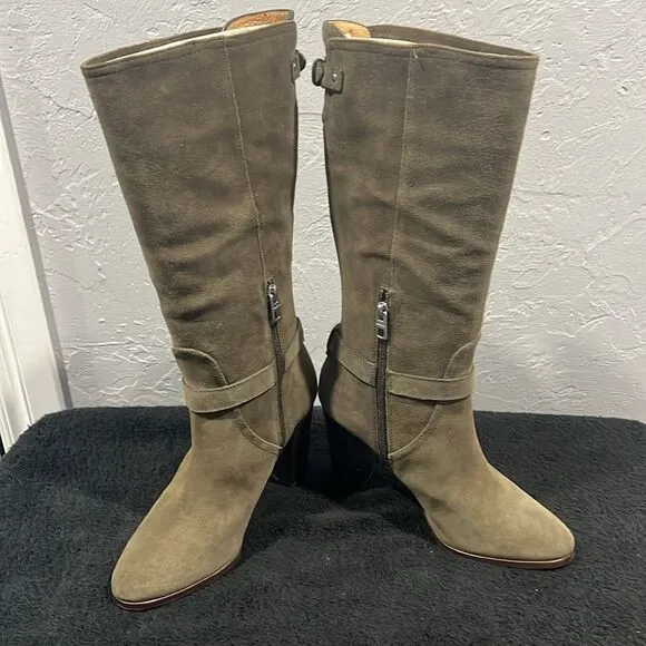 🔥 COACH Beverly Boots Mid Calf Suede Leather 3” Heel Olive Green Sz 8.5B - EUC