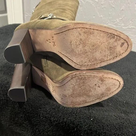 🔥 COACH Beverly Boots Mid Calf Suede Leather 3” Heel Olive Green Sz 8.5B - EUC