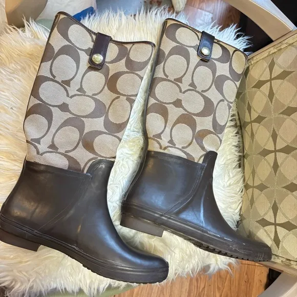 Coach Brown Slip-on Logo &amp; Rubber Rain Boots
