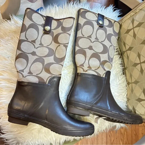 Coach Brown Slip-on Logo &amp; Rubber Rain Boots