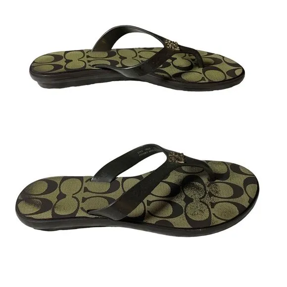 COACH C Signature Black Gold Sandal Slippers 5.5