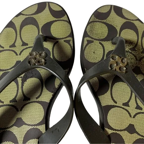 COACH C Signature Black Gold Sandal Slippers 5.5