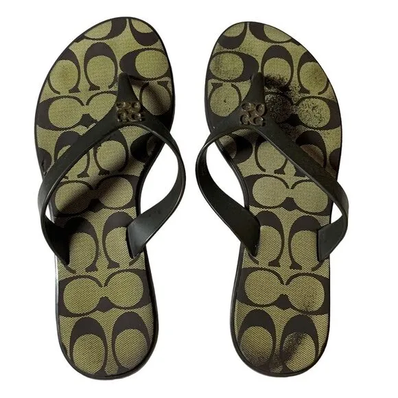 COACH C Signature Black Gold Sandal Slippers 5.5