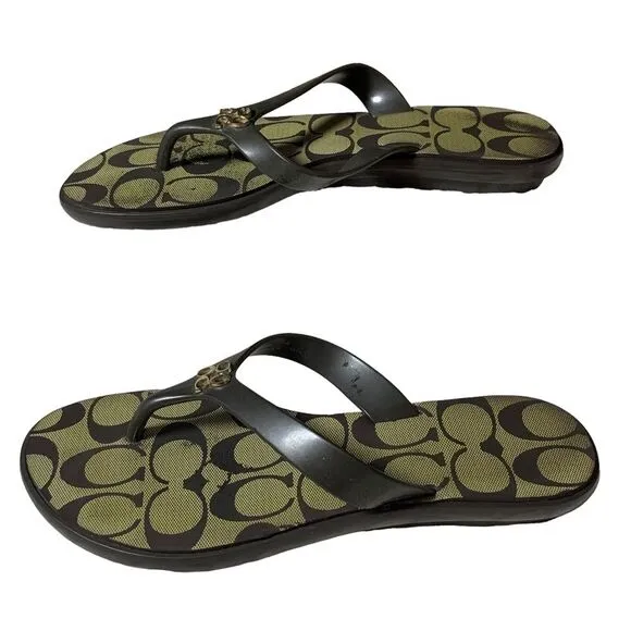 COACH C Signature Black Gold Sandal Slippers 5.5