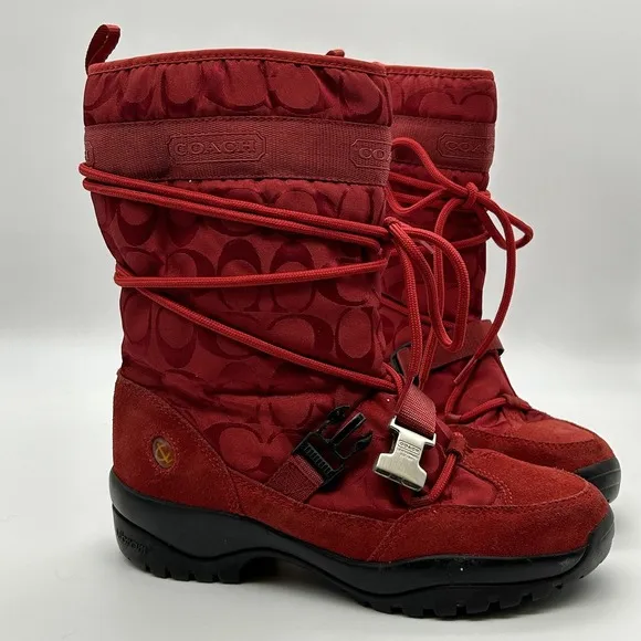 Coach Sela Boots Womens Size 7.5‎ Red Winter Snow Vibram Sole Nylon Suede