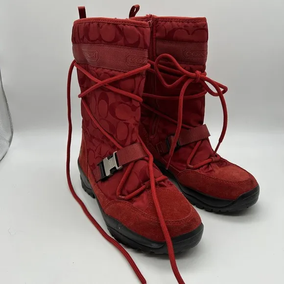 Coach Sela Boots Womens Size 7.5‎ Red Winter Snow Vibram Sole Nylon Suede