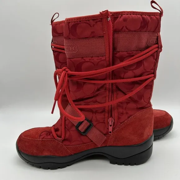 Coach Sela Boots Womens Size 7.5‎ Red Winter Snow Vibram Sole Nylon Suede