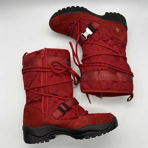 Coach Sela Boots Womens Size 7.5‎ Red Winter Snow Vibram Sole Nylon Suede