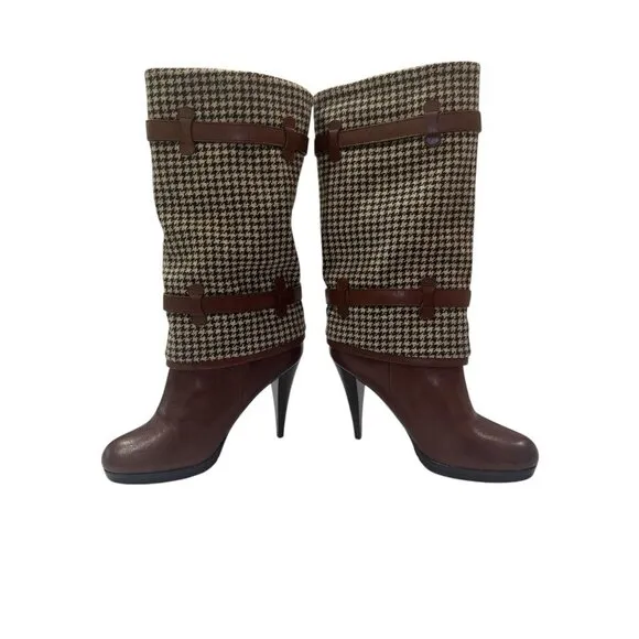Cole Haan Air Kennedy Tall Leather Heel Platform Houndstooth Wool Sz 7.5