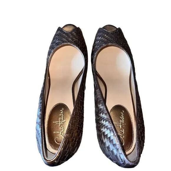 Cole Haan Gold Basket Woven Leather Peep Toe Pumps Womens Sz 10 GREAT CONDITION