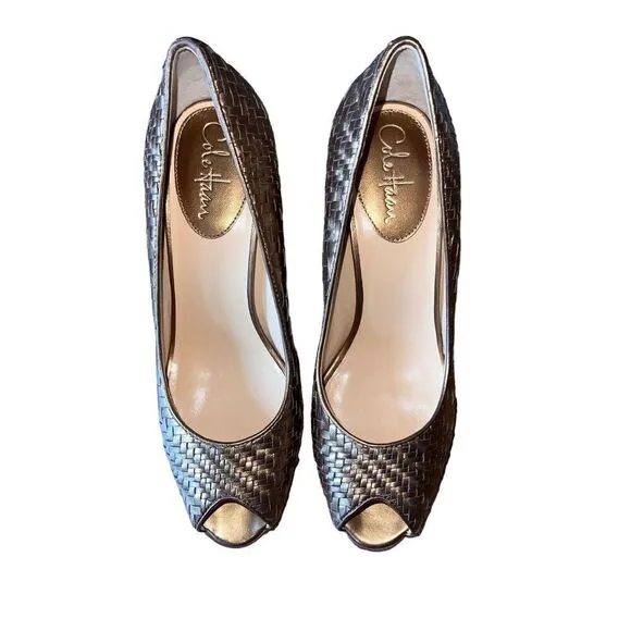 Cole Haan Gold Basket Woven Leather Peep Toe Pumps Womens Sz 10 GREAT CONDITION