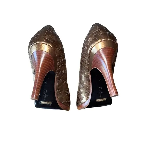Cole Haan Gold Basket Woven Leather Peep Toe Pumps Womens Sz 10 GREAT CONDITION