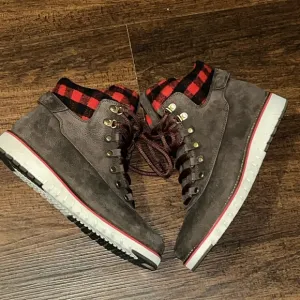 Cole Haan ZEROGRAND Stylish Brown Suede Boots with Red Plaid Lining