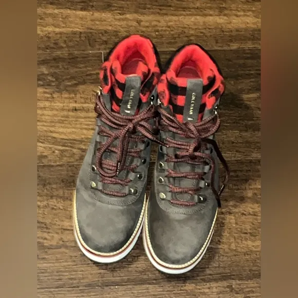 Cole Haan ZEROGRAND Stylish Brown Suede Boots with Red Plaid Lining