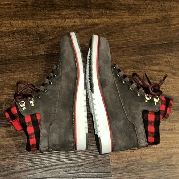 Cole Haan ZEROGRAND Stylish Brown Suede Boots with Red Plaid Lining