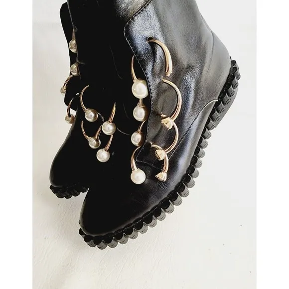Coliac Cake Embellished Derby Piercing  Pearl Combat Boots 5 With Imperfections