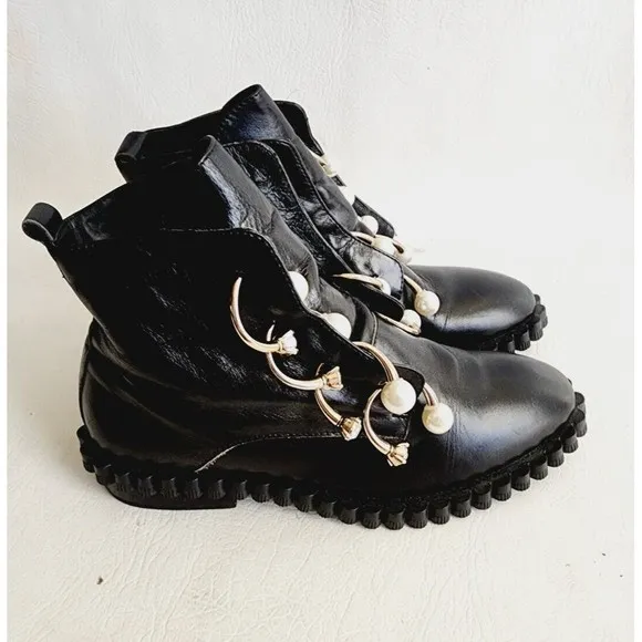 Coliac Cake Embellished Derby Piercing  Pearl Combat Boots 5 With Imperfections
