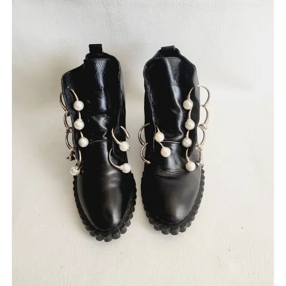 Coliac Cake Embellished Derby Piercing  Pearl Combat Boots 5 With Imperfections