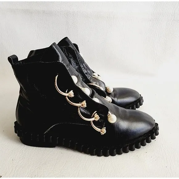 Coliac Cake Embellished Derby Piercing  Pearl Combat Boots 5 With Imperfections