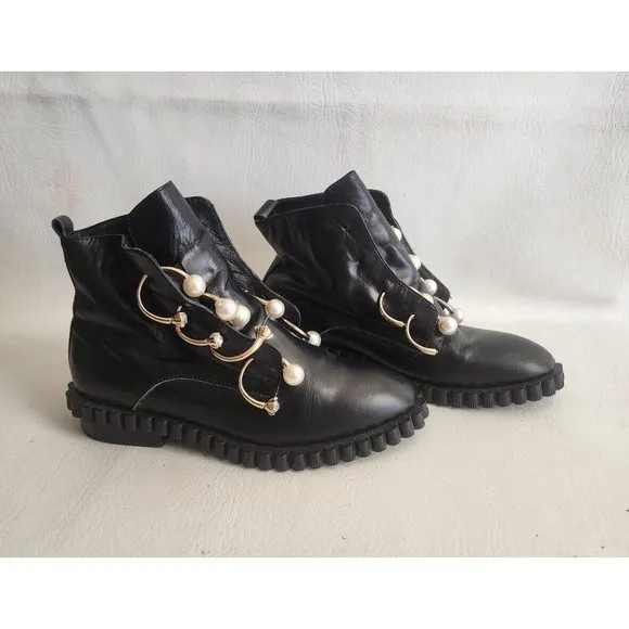 Coliac Cake Embellished Derby Piercing  Pearl Combat Boots 5 With Imperfections