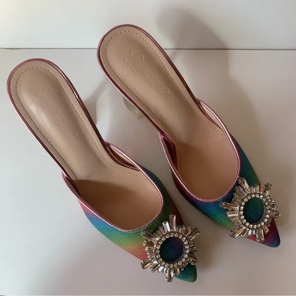 Colorful Beautiful Women’s High Heels Mule Sandals Rainbow Green Pink And Red