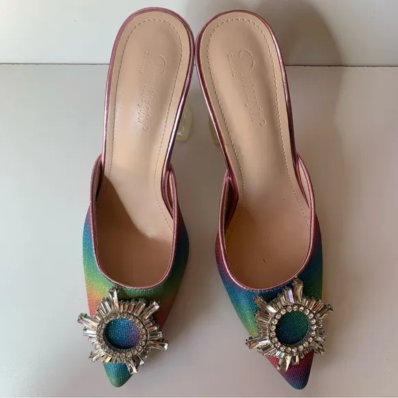 Colorful Beautiful Women’s High Heels Mule Sandals Rainbow Green Pink And Red