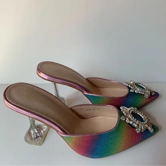 Colorful Beautiful Women’s High Heels Mule Sandals Rainbow Green Pink And Red