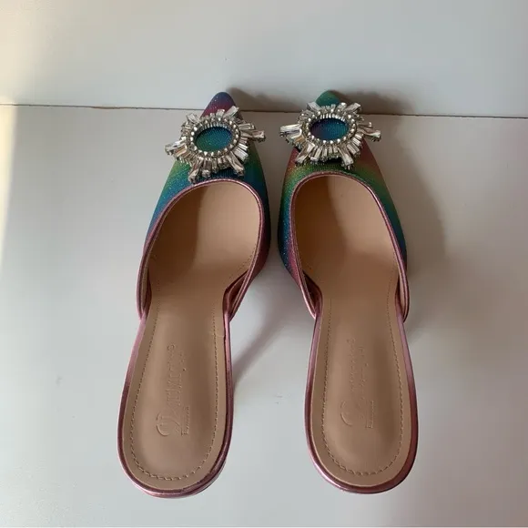 Colorful Beautiful Women’s High Heels Mule Sandals Rainbow Green Pink And Red
