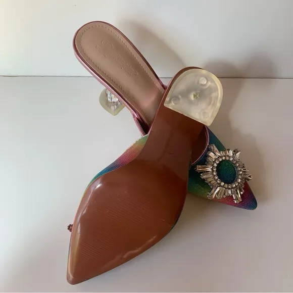Colorful Beautiful Women’s High Heels Mule Sandals Rainbow Green Pink And Red