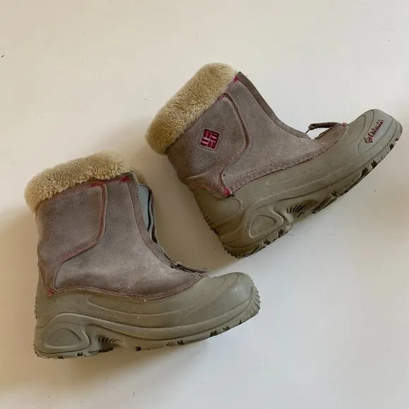 Columbia girl's size 3 omni-heat lined winter boots w/ front zipper in grey EUC