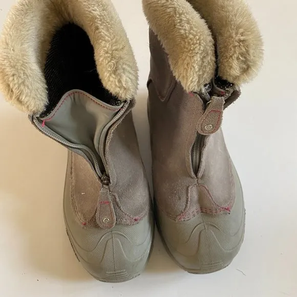 Columbia girl's size 3 omni-heat lined winter boots w/ front zipper in grey EUC