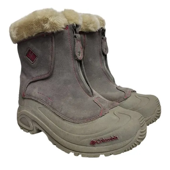 Columbia girl's size 3 omni-heat lined winter boots w/ front zipper in grey EUC