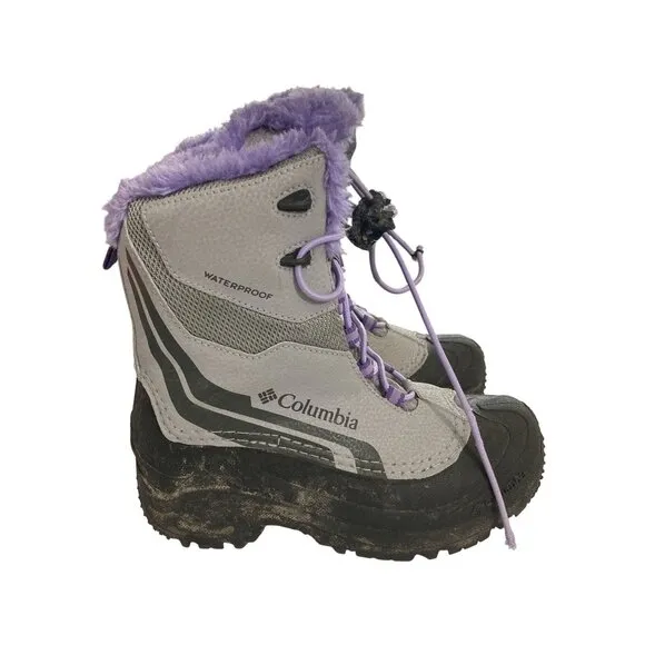 Columbia Youth Size 4 Gray Purple Faux Fur Lining Waterproof Winter Boots