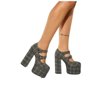 COPY - 𝅺plaid, light woven fabric ,chunky, Mary Jane block heels 👠 2 straps