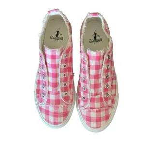 Corkys NEW Babalu Pink &amp; White Gingham Print Slip On Sneakers Size 8