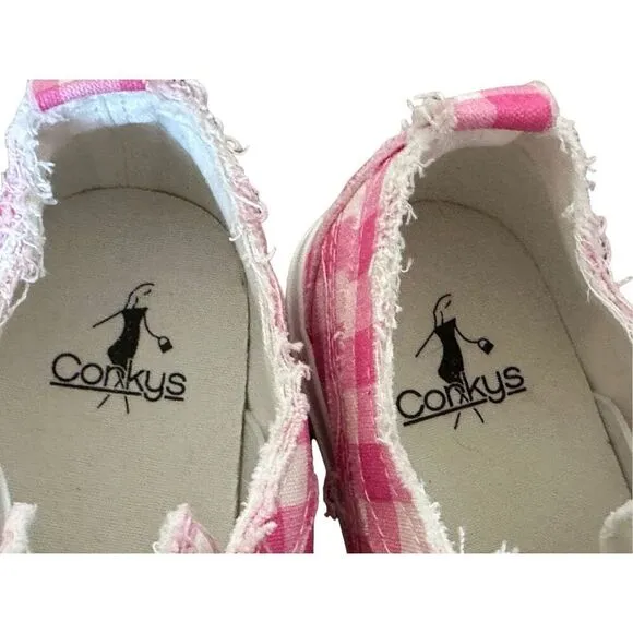 Corkys NEW Babalu Pink &amp; White Gingham Print Slip On Sneakers Size 8