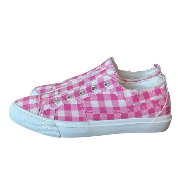 Corkys NEW Babalu Pink &amp; White Gingham Print Slip On Sneakers Size 8